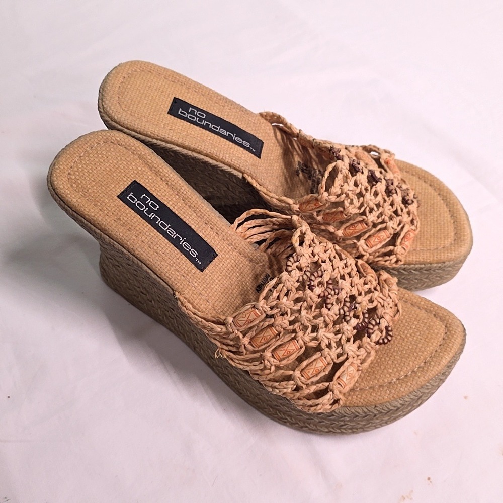 No Boundaries Platform Wedge Sandals Women 8M Tan Macrame Beaded Vintage Y2K
